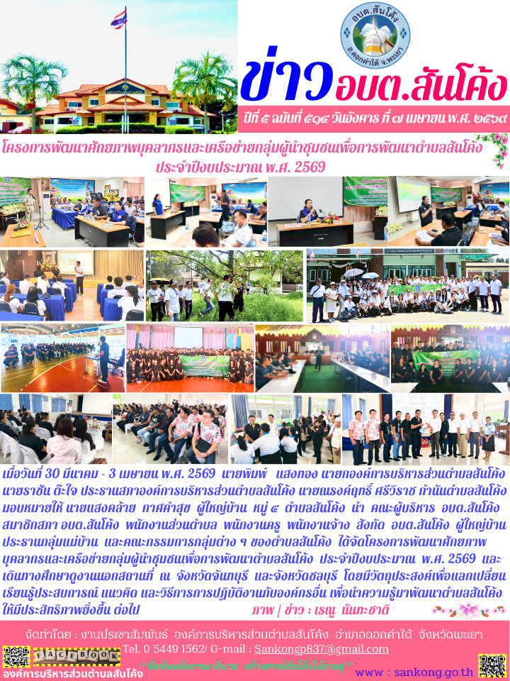 เมื่อวันที่ 30 มีนาคม - 3 เมษายน พ.ศ. 2569  นายพิมพ์   แสงทอง นายกองค์การบริหารส่วนตำบลสันโค้ง นายราชัน ต๊ะใจ ประธานสภาองค์การบริหารส่วนตำบลสันโค้ง นายณรงค์ฤทธิ์ ศรีวิราช กำนันตำบลสันโค้ง มอบหมายให้ นายแสงคล้าย  กาศคำสุข  ผู้ใหญ่บ้าน  หมู่ ๔  ตำบลสันโค้ง 